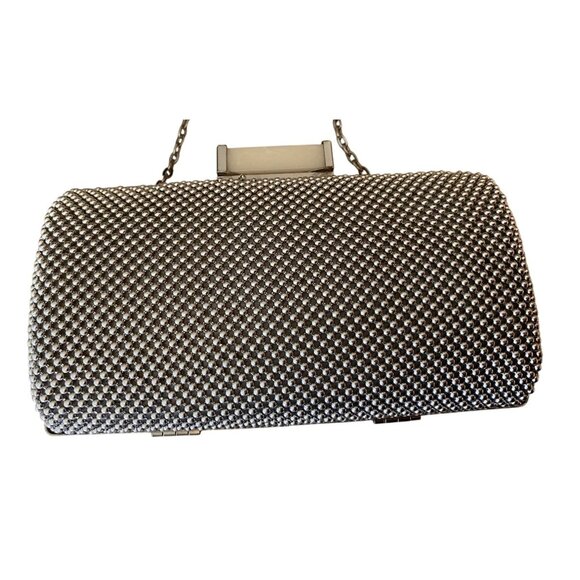 Jessica McClintock Silver Rhinestone Evening Clutch Chain Strap & Snap Closure - Picture 2 of 8